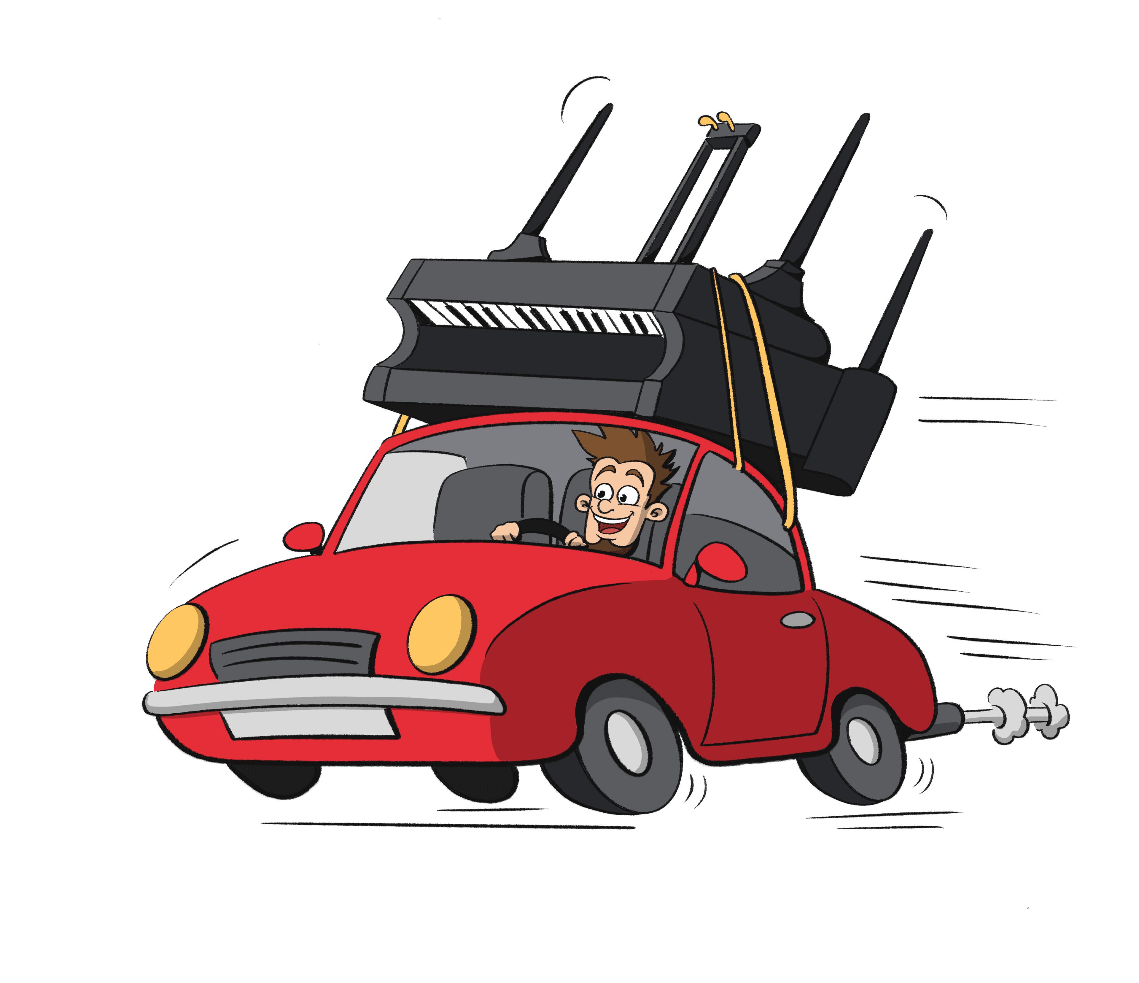 Volz Method piano teacher driving to your house with a piano on the roof